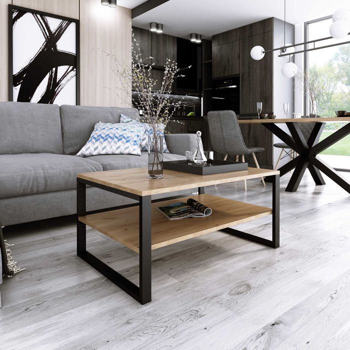 Stolik kawowy z półką styl loft DĄB ZŁOTY CRAFT