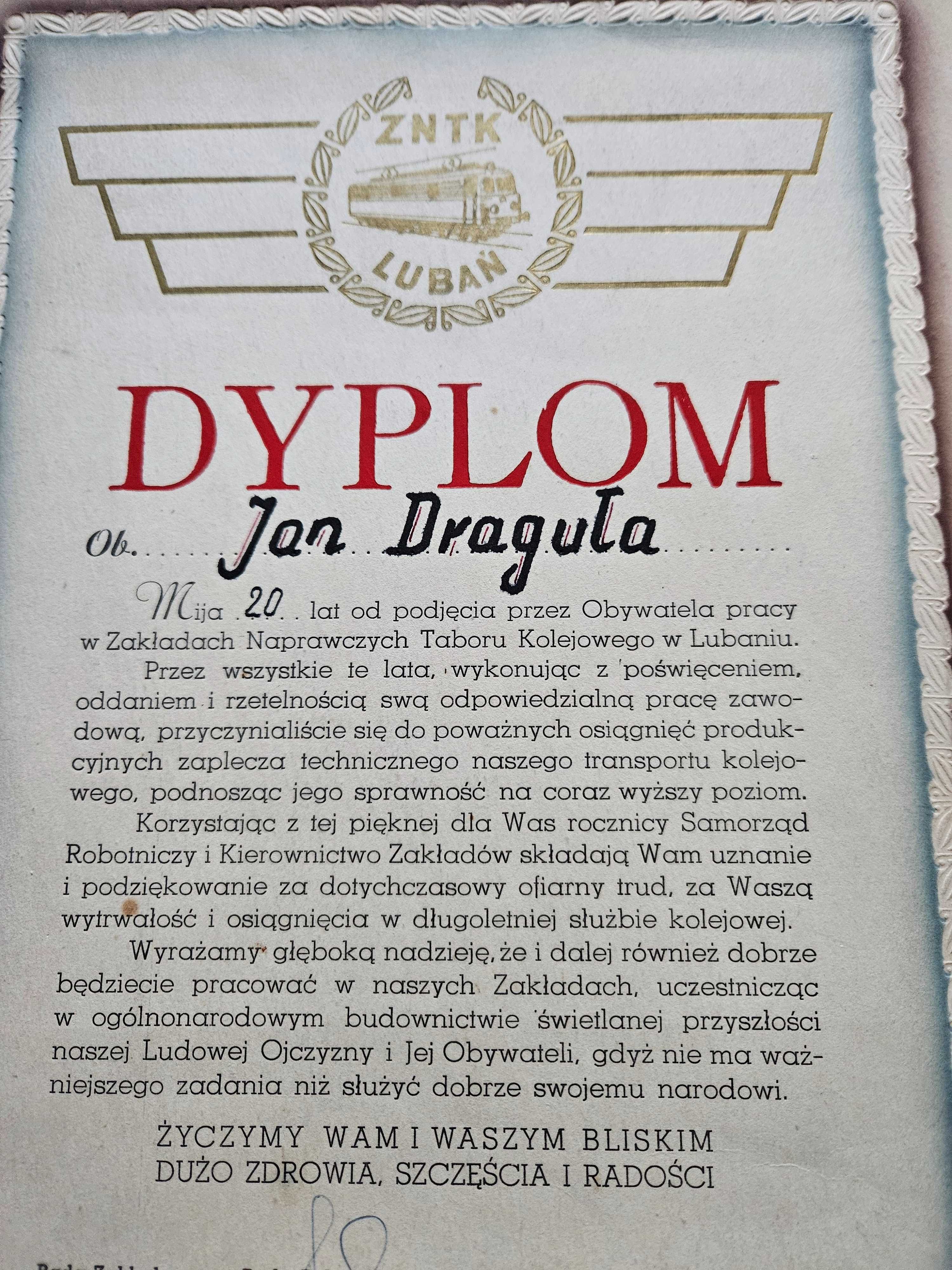 Dyplom PRL ZNTK Lubań 1970 rok