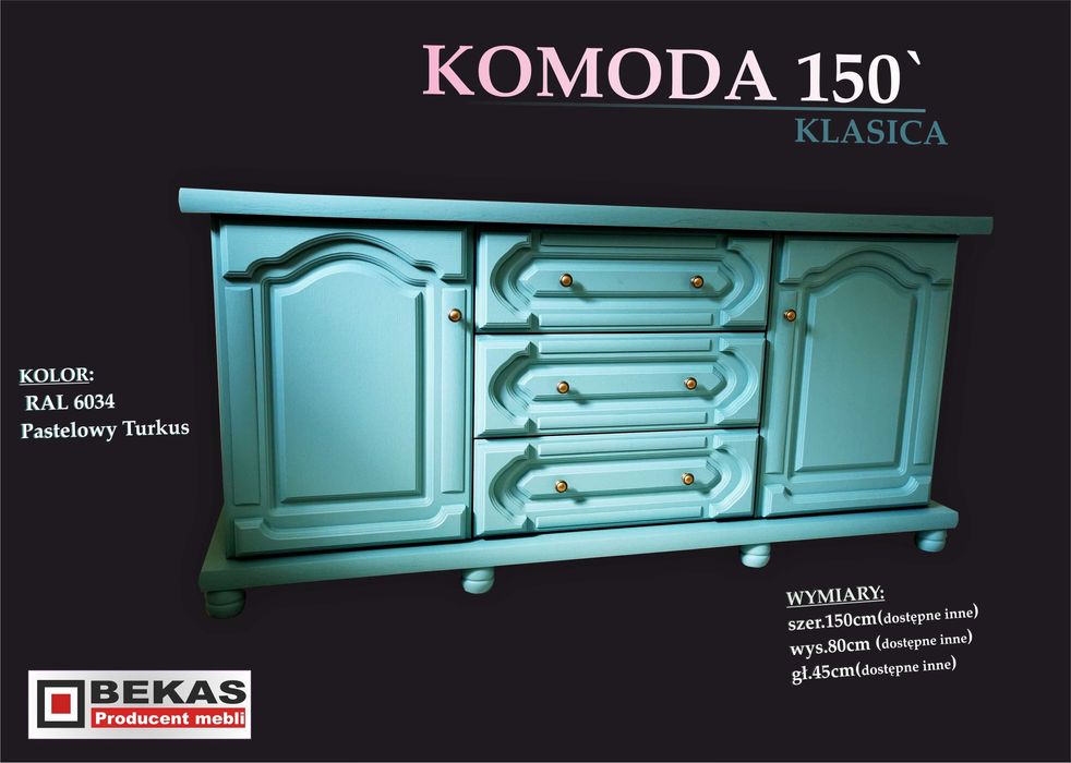 Prześliczna KOMODA KLASICA Turkus Pastelowy RAL Producent BEKAS Meble