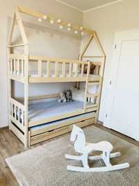 Łóżko sosnowe dla 3 dzieci piętrowy DOMEK OLA - materace gratis