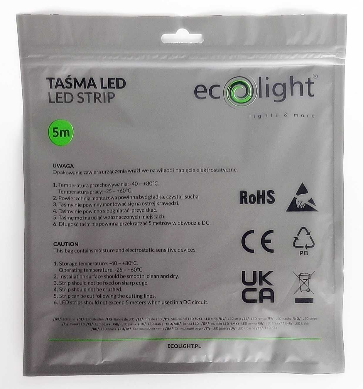 Eco Light Taśma LED 600 diod IP20 6500K 5m 48W/12V Biała zimna