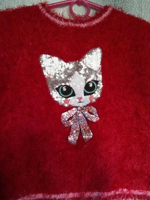 Дитяча тепла кофта світшот джемпер травка паєтки светрик з котиком