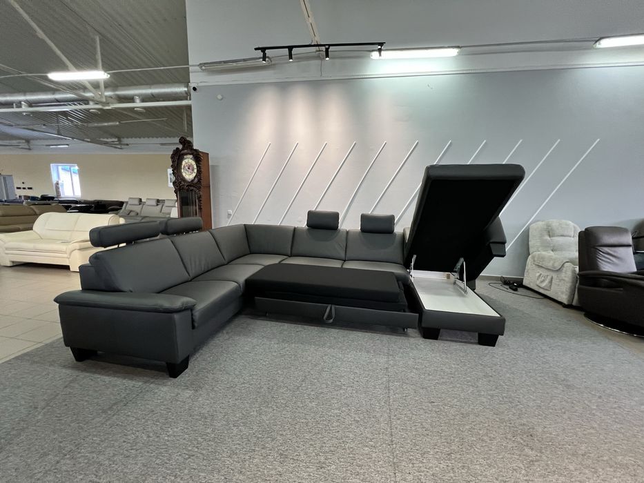 Виставковий диван  шкіряний розкладнмй з нішею п-ка темний антрацит