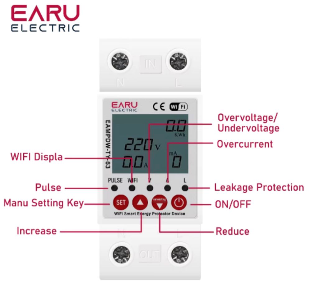 Розумне реле напруги EARU 63А / лічильник електроенергії WiFi / Tuya