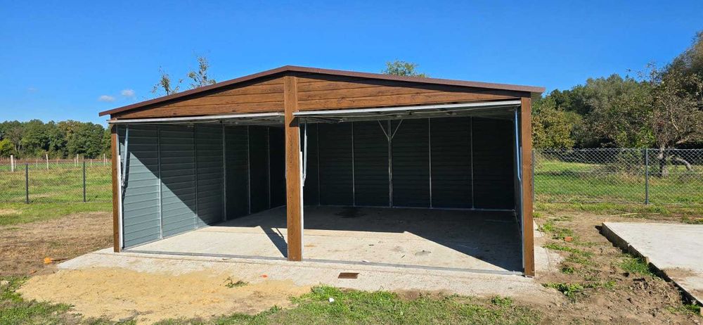 Garaż blaszany 6x5,8 drewnopodobny dwustanowiskowy dach dwuspadowy