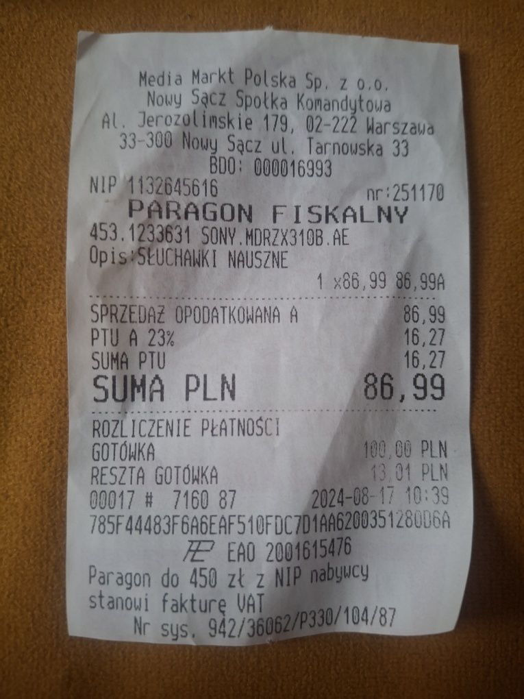 Słuchawki nauszne przewodowe Sony MDR-ZX310