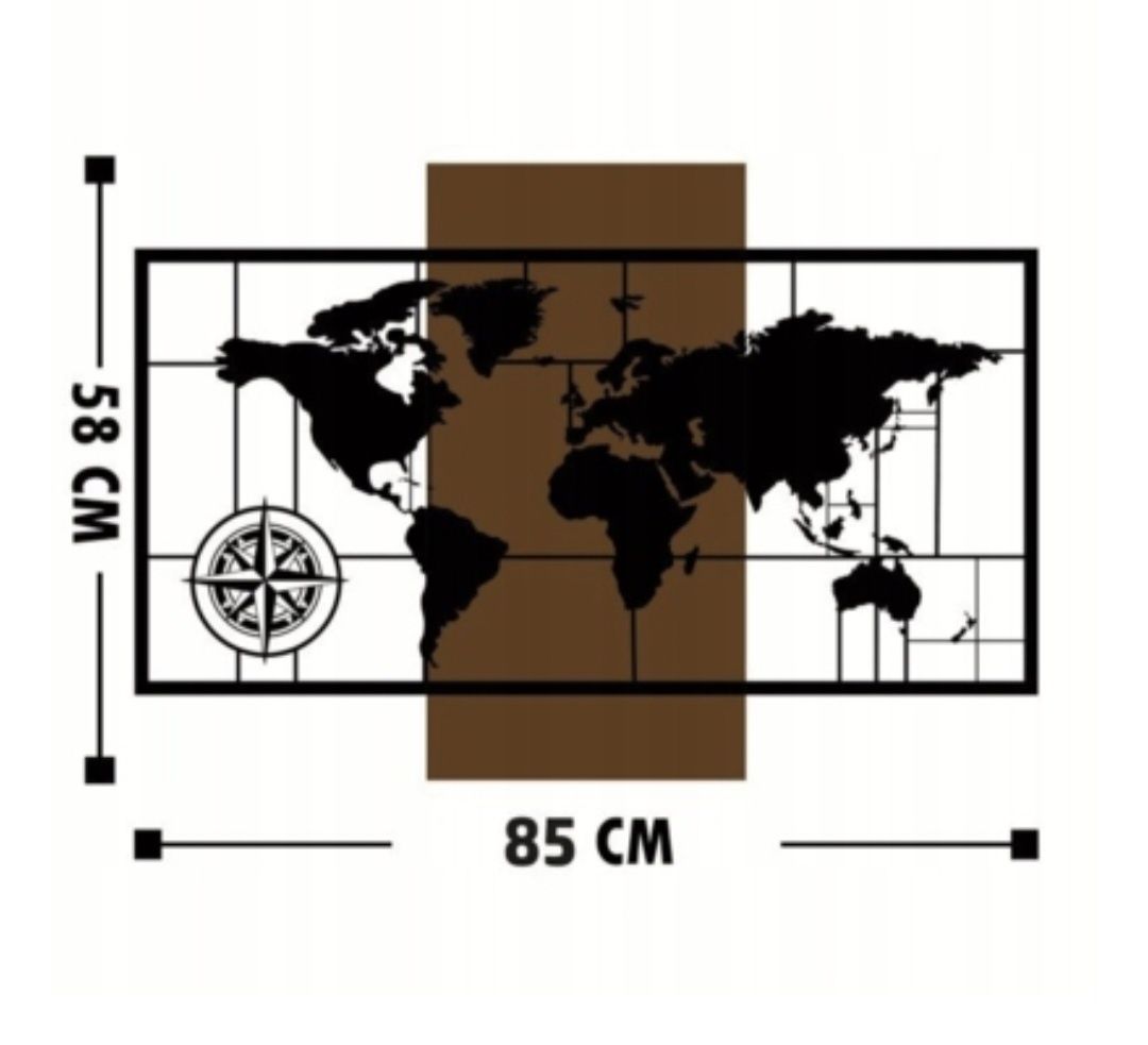 Dekoracja ścienna 58x85 cm mapa świata drewno / metal