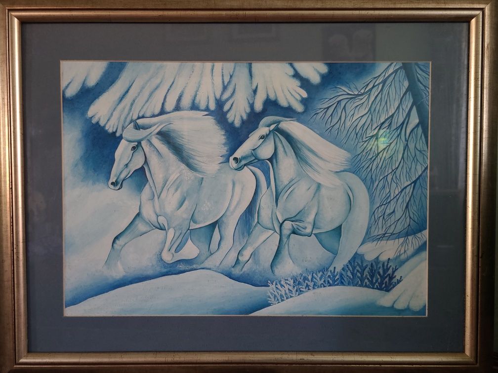 Картина "Зимові коні" в рамці зі склом та паспарту 30*40