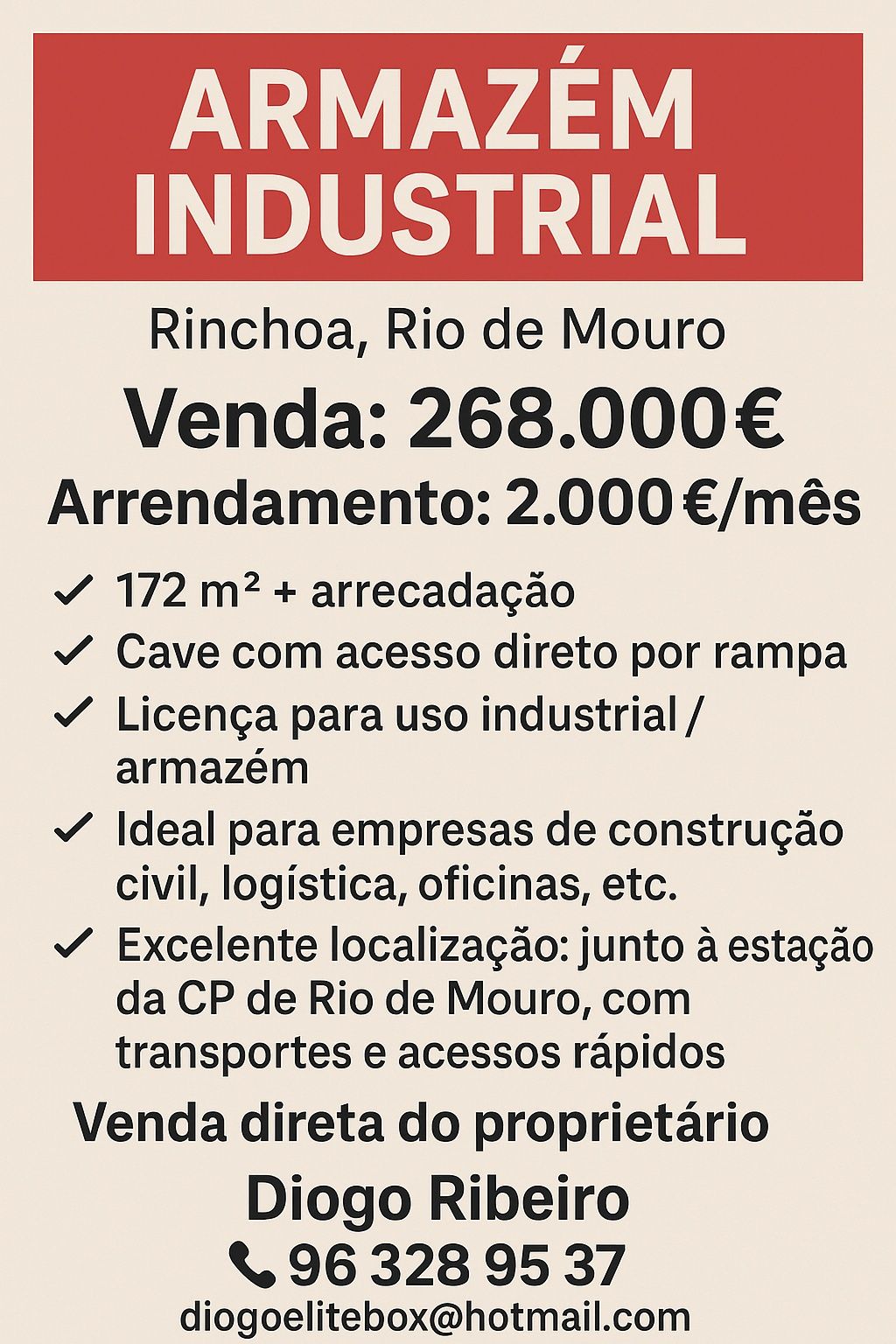 Arrendamento ou Venda Armazém Rinchoa, perto da estação Rio de Mouro 1