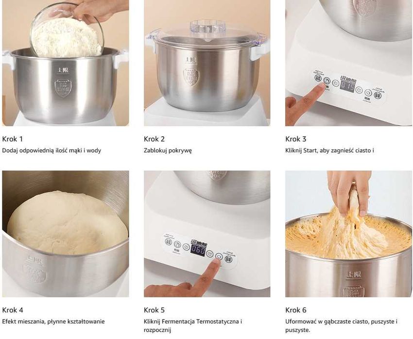 Automatyczny mikser do ugniatania ciasta 5L stal funkcja fermentacji