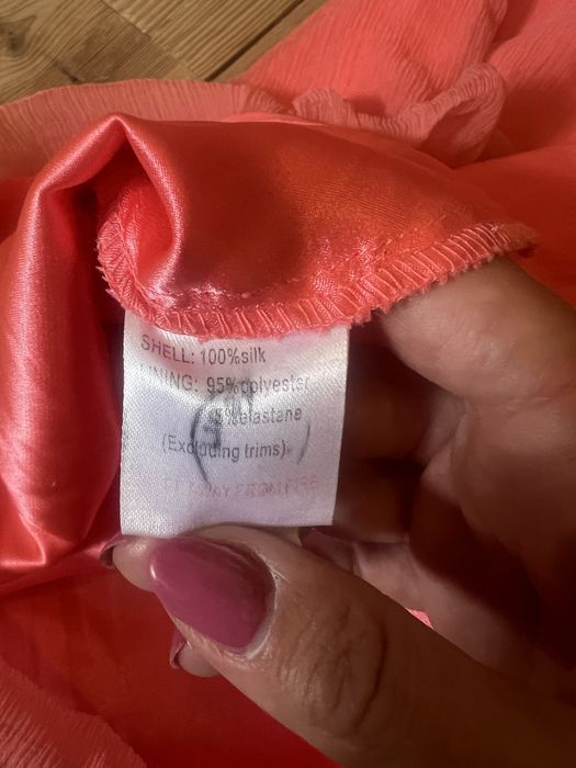 Sukienka jedwab 100% koralowa przed kolano napoleonka romantyczna