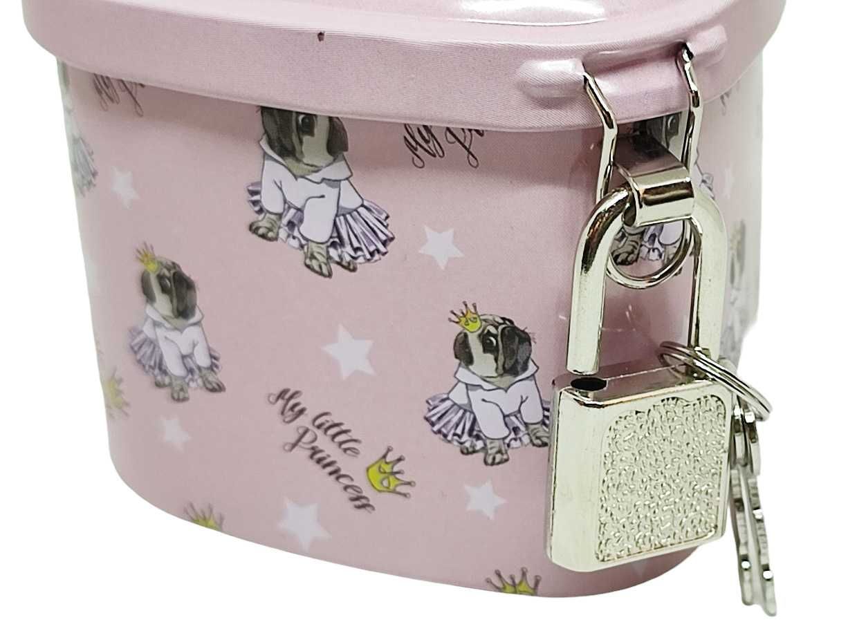 Skarbonka metalowa Puszka z kłódką Serce Mops 8,5 x 6 cm