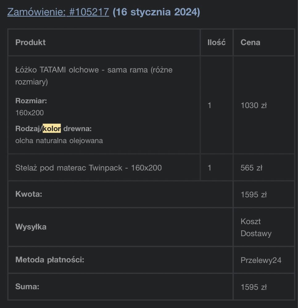 Łóżko TATAMI rama olchowe 160x200 + stelaż pod materac