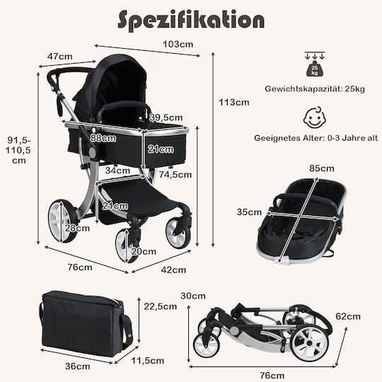 Wózek spacerowy 2 w 1 z regulowanym oparciem, czarny