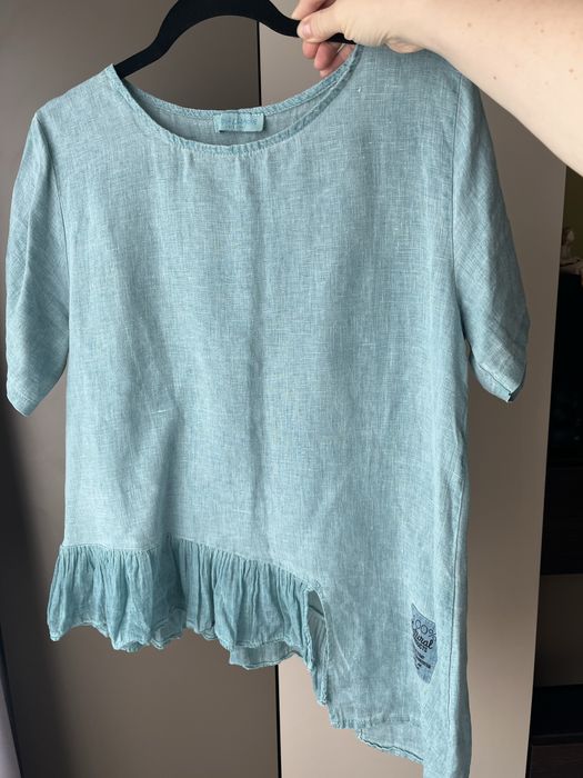 Komplet lniany len spodnie bluzka aqua limone