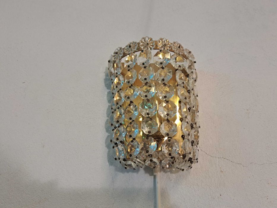 Kinkiet kryształowy mosiężny z wyłącznikiem Austria, 70-te