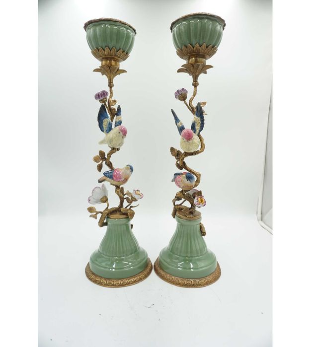 DUŻA para świeczników ptaszki porcelana z brązem cudo wys-54cm