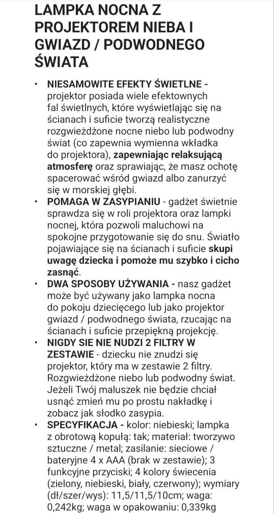 Lampka nocna Projektor Gwiazd Obrotowa 2 w 1