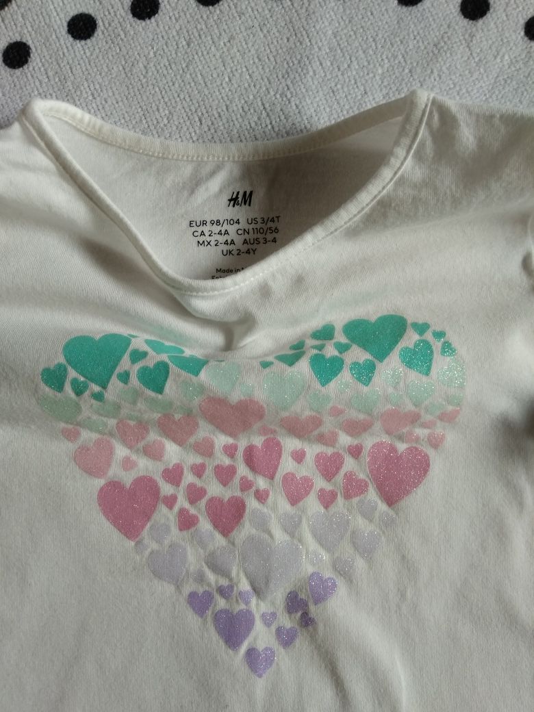 Biała bluzka z długim rękawem w serce serduszka 98/104 H&M Walentynki