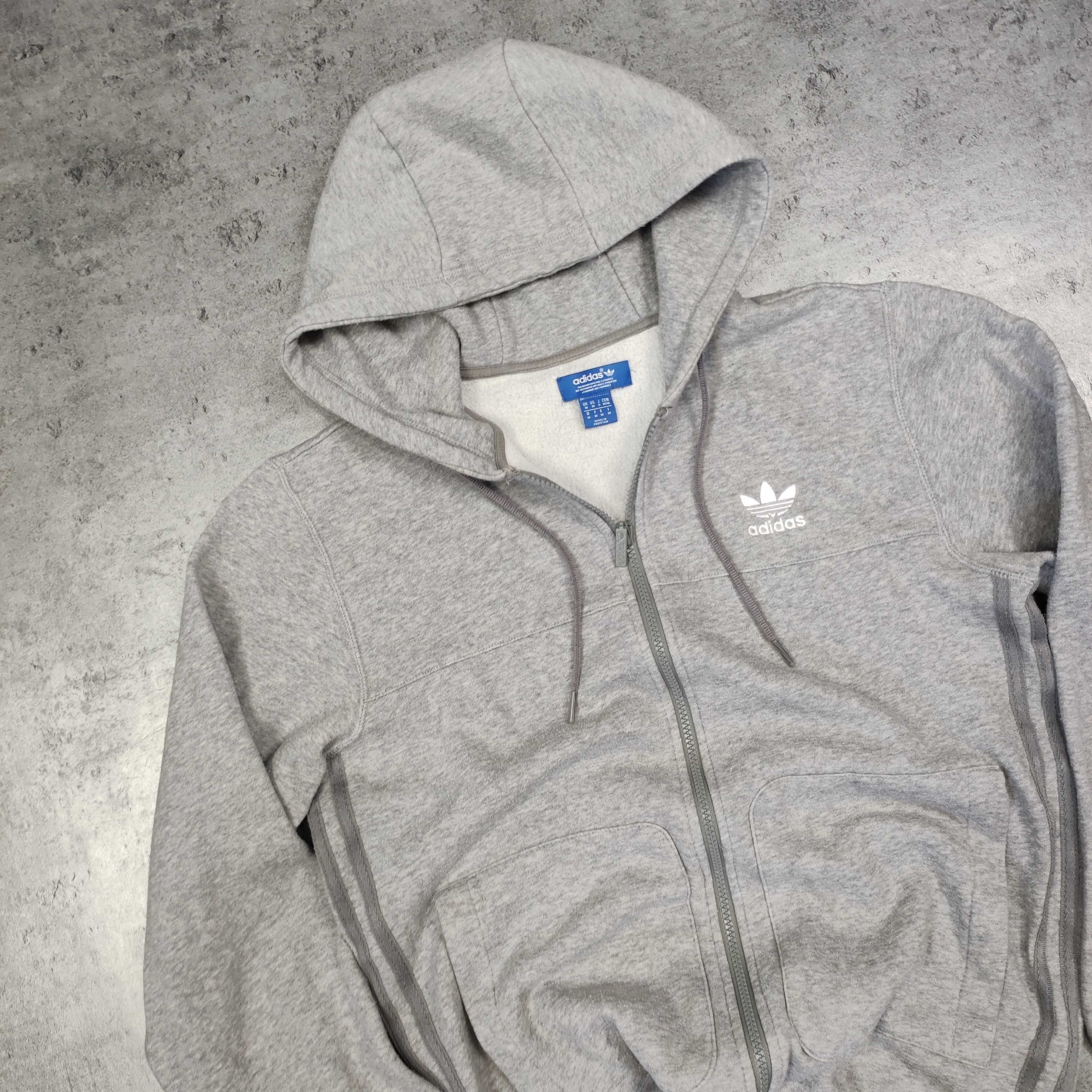 MĘSKA Bluza z Kapturem Rozpinana Adidas Szara Haft Hoodie Bawełna Logo