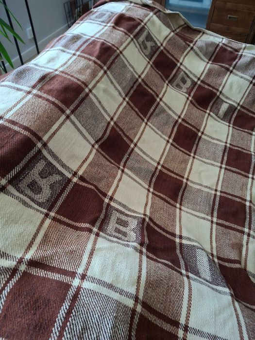 Koc wełna, wełniany w kratę PRL