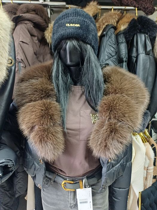 Kurtka czarna, czekoladowe futro imitacja lisa