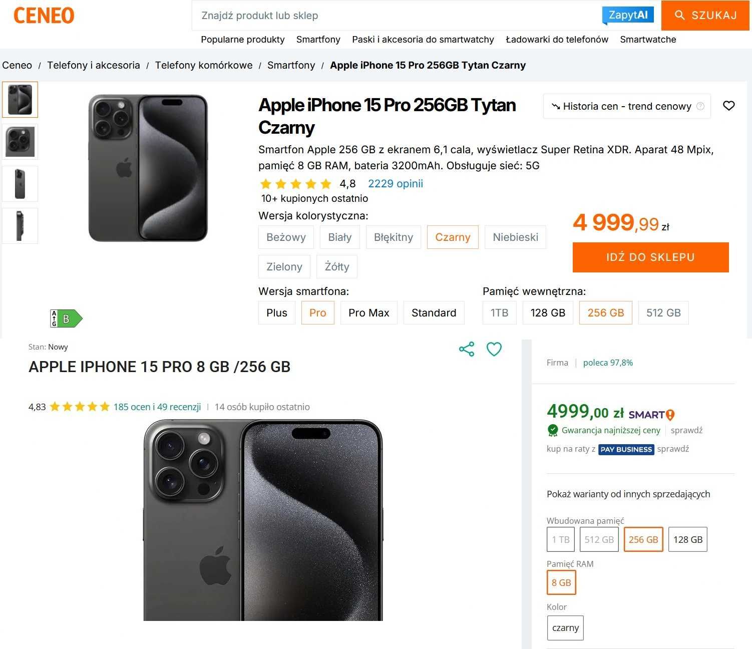 Apple iPhone 15 PRO 256 GB 8 GB Tytan Black Mat Komplet Idealny Stan !