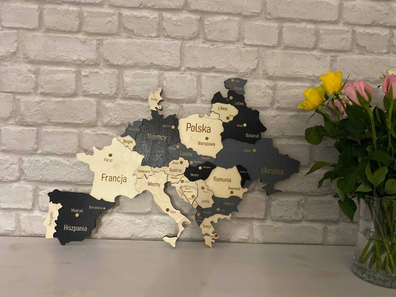 Drewniana mapa Europy + Anglia 3D Miasta dekoracja ścienna 600x400