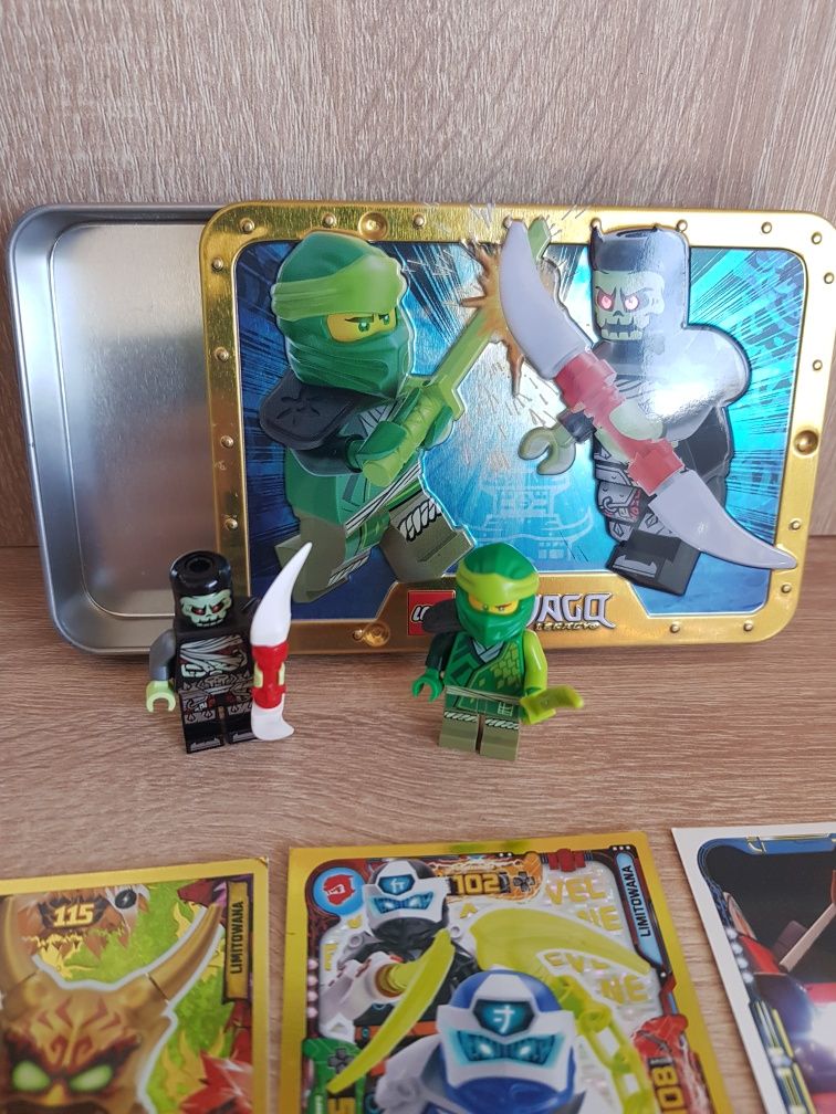 Lego Ninjago 2 figurki +metalowe pudełko + 6 kart