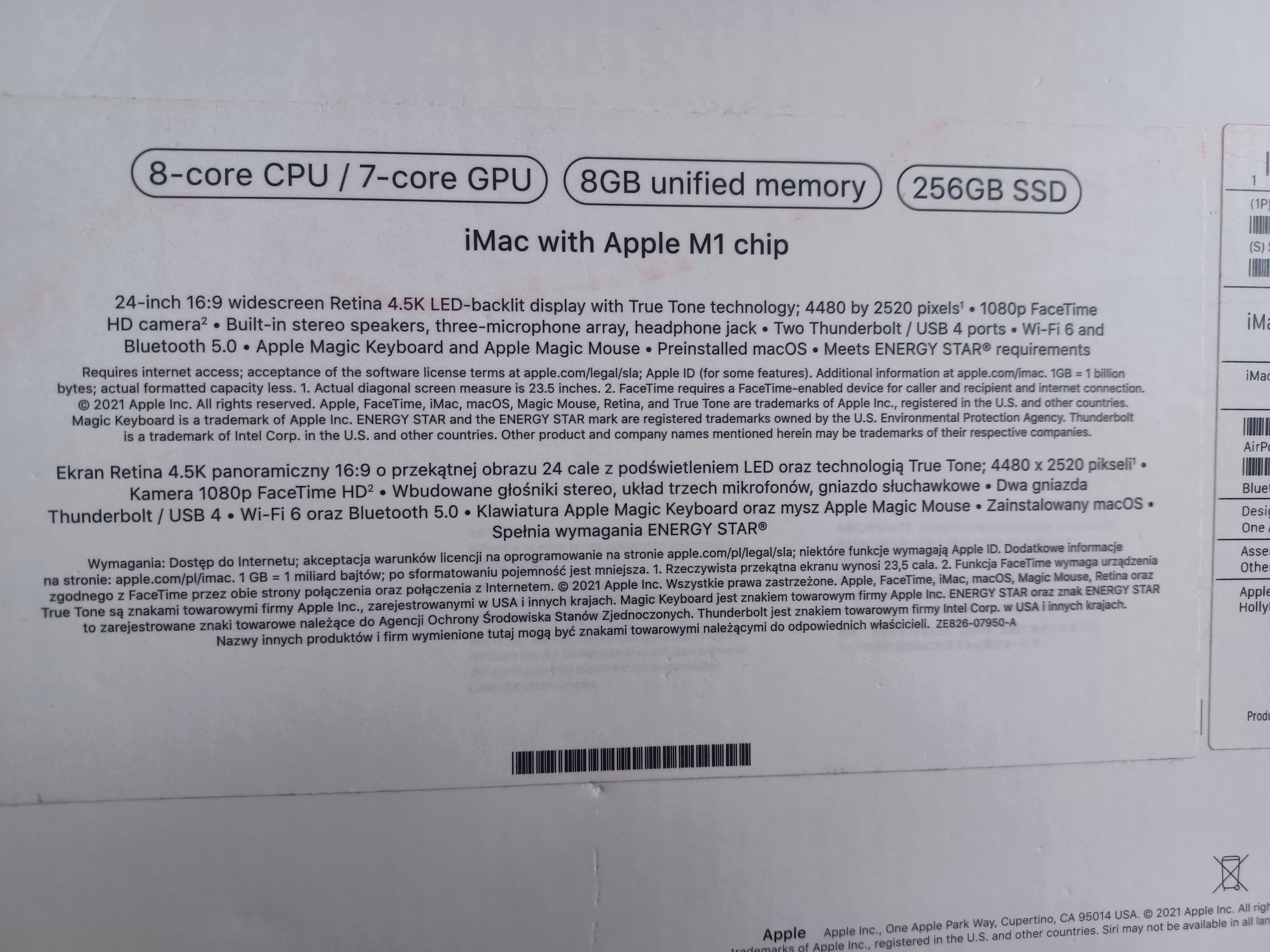 Komputer All In One Apple iMac A2439 (2021) Retina 4.5K 24" 8/256GB