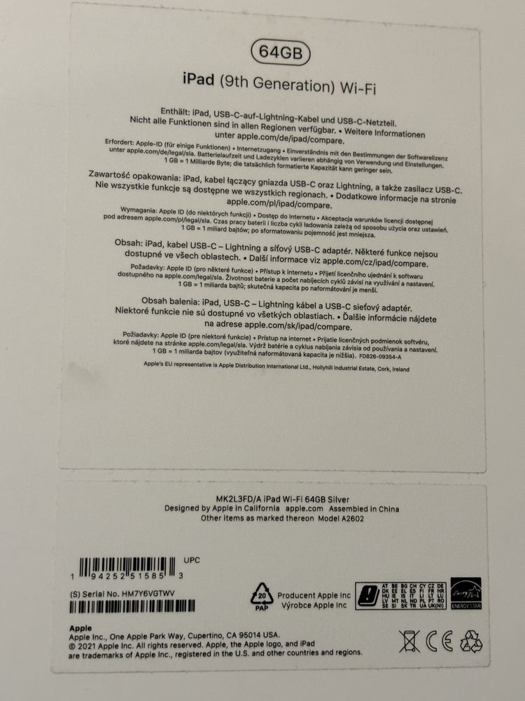 Pudełko Apple iPad 9  64GB Silver ORYGINALNE