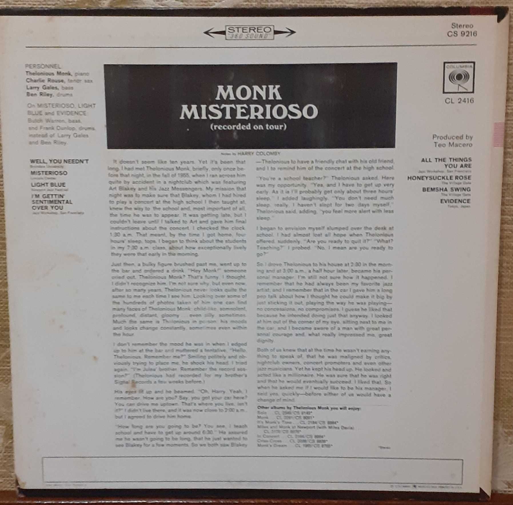 Платівка  вінілова   Thelonious Monk 
Misterioso .