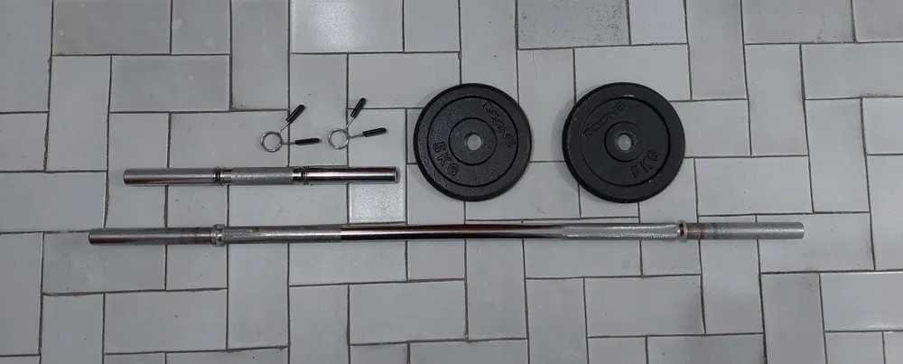 Barra 120cm 30mm 2 discos 5kg e barra harter 45cm 30mm