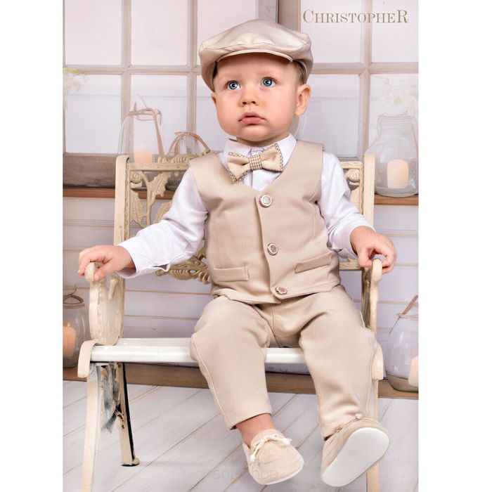 Garnitur chłopięcy z koszulo-body Beżowy w pepitkę z kamizelką