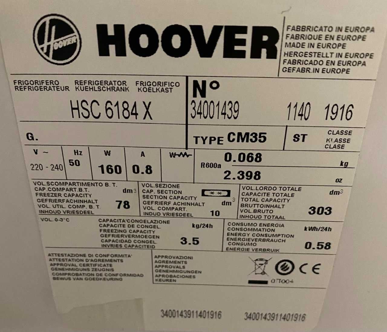 Холодильник з морозилкою Hoover HSC 6184 X  ( 186 см) з Європи