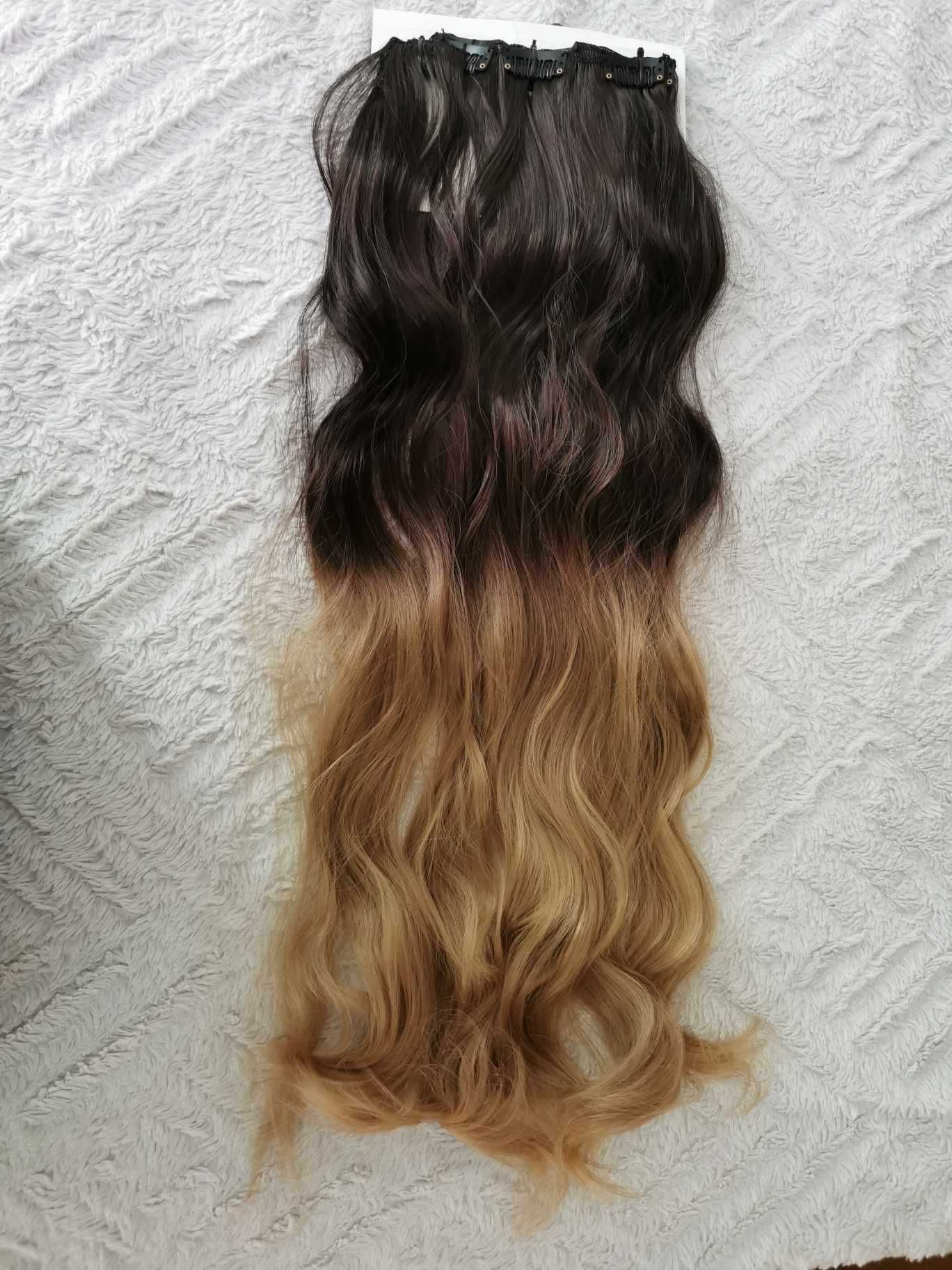 Doczepiane włosy ombre brąz blond clip 65cm fale