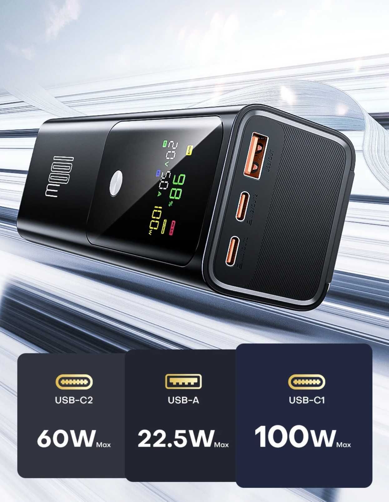Power Bank QOOVI 100W 20000 мАг, потужний для ноутбуків, планшетів тел