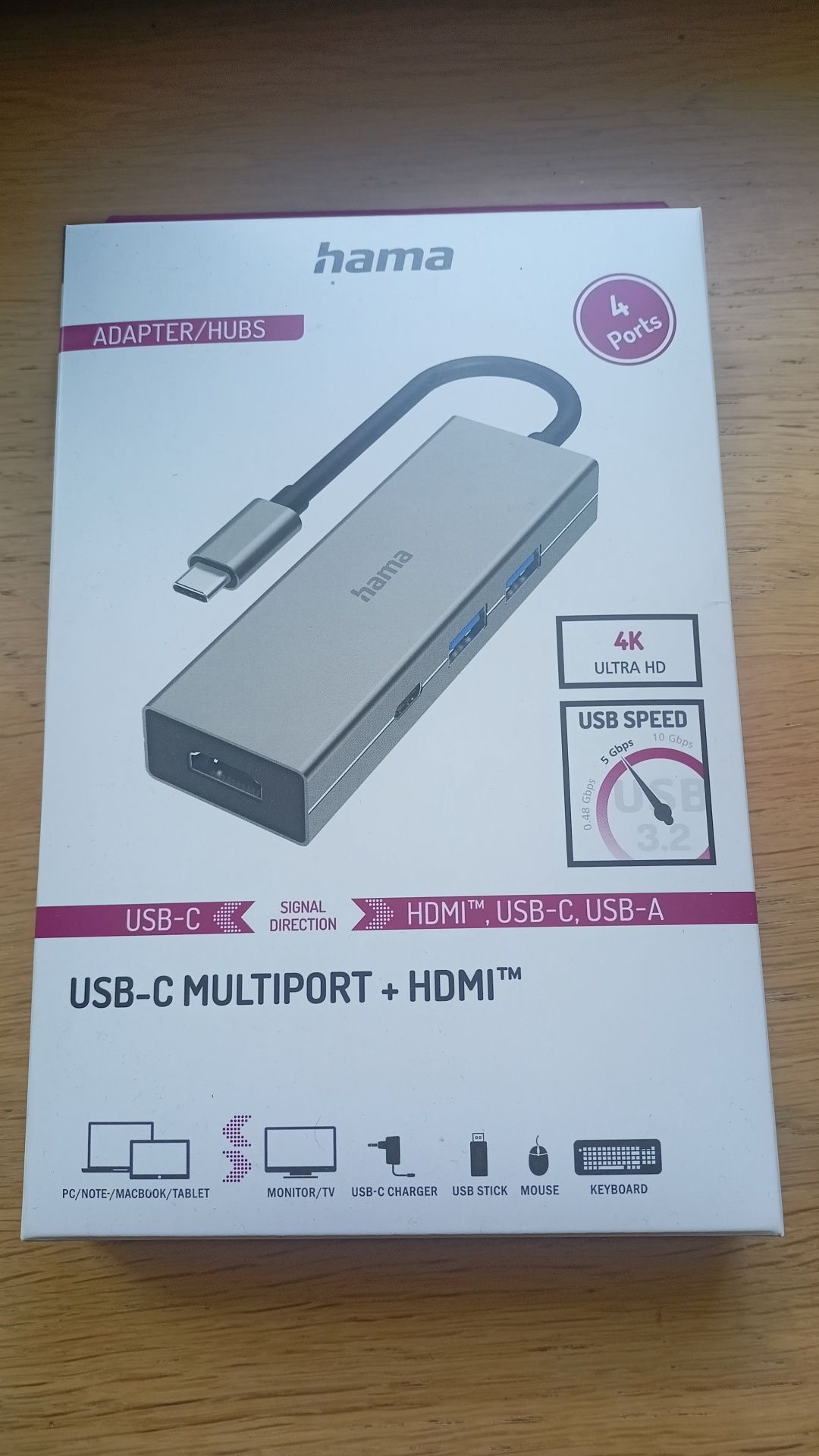 Adapter USB-C Multiport Hama + HDMI, USB-A, USB-C – jak nowy
Adapter U