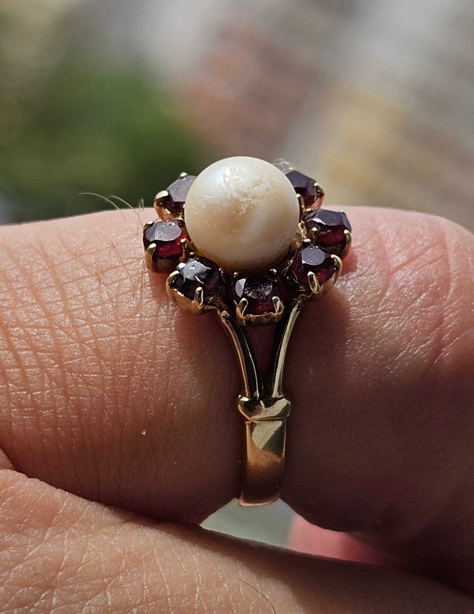 pierścionek złoty 8k 333 granaty naturalne + perła * vintage *