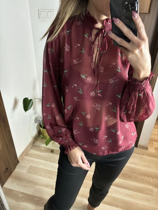 Bordowa mgiełka na długi rękaw w kwiaty S M bluzka