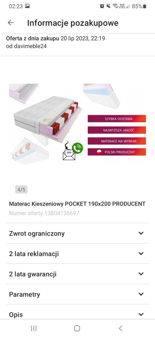 Materac 185x200  z ochraniaczem praktycznie nowy