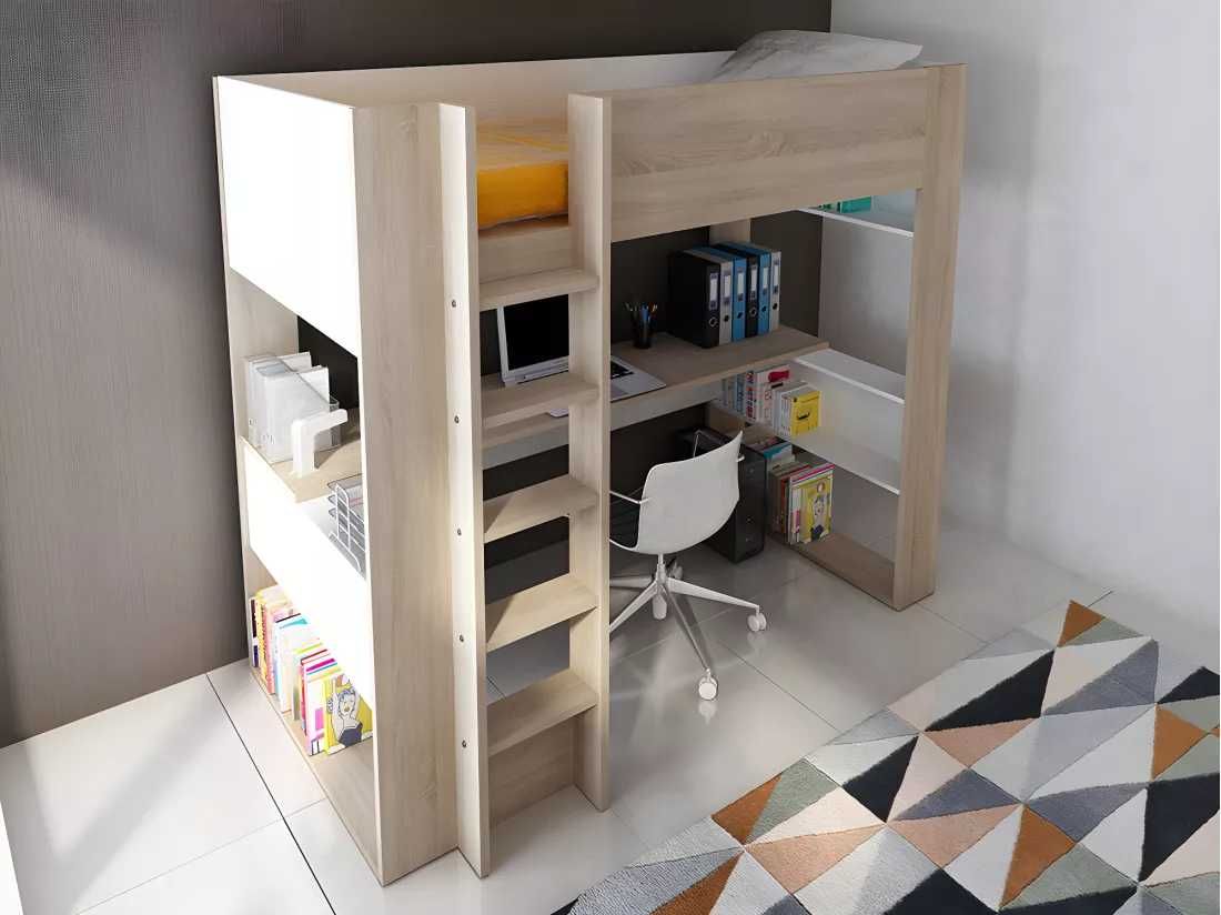 Cama alta c secretária+ arrumação integradas 90x200 cm Carvalho - Noah