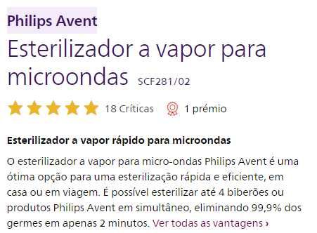 Esterilizador a vapor rápido para microondas - Philips Avent