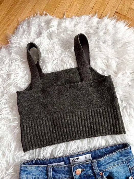 Szary crop top H&M XS 34 z domieszką wełny sweterkowy