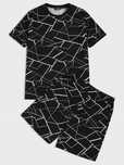 Komplet Męski Z Motywem Geometrycznym Czarno-Biały T-Shirt +Spodenki M