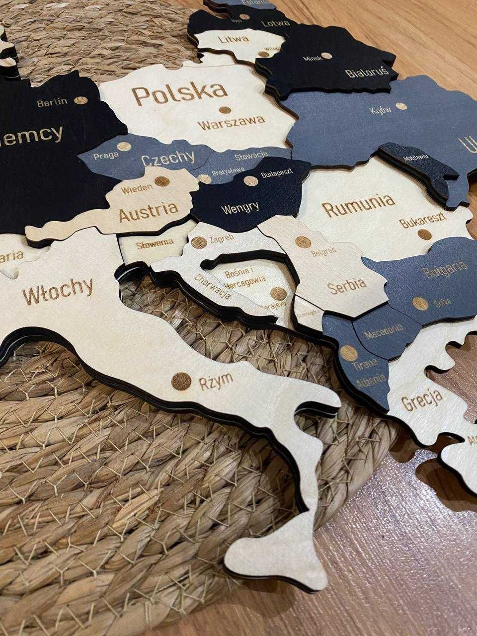 Drewniana mapa Europy + Anglia 3D Miasta dekoracja ścienna 600x400