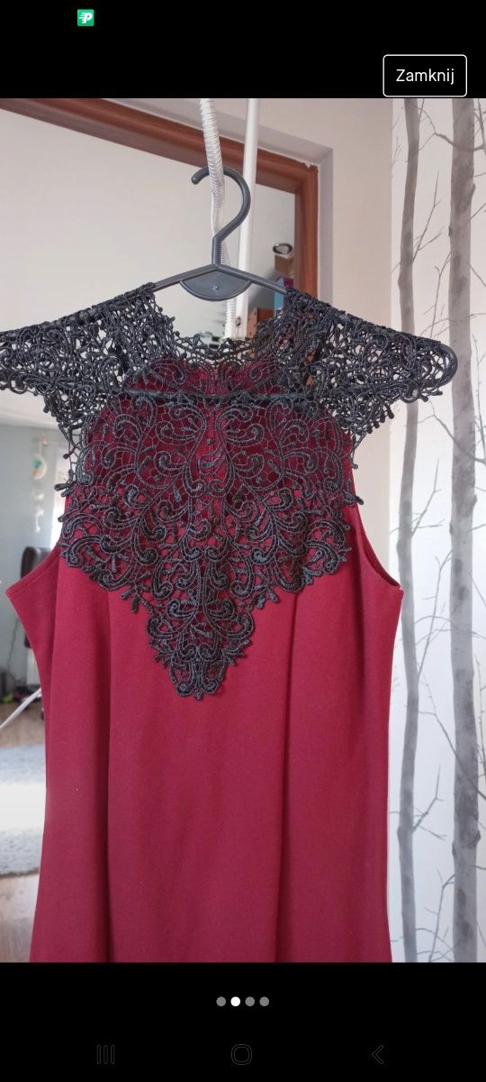Śliczna elegancka sukienka bordowa z czarną koronką rozm S