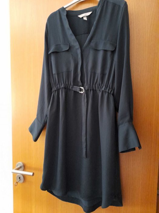 Vestido camiseiro azul-escuro midi de manga comprida