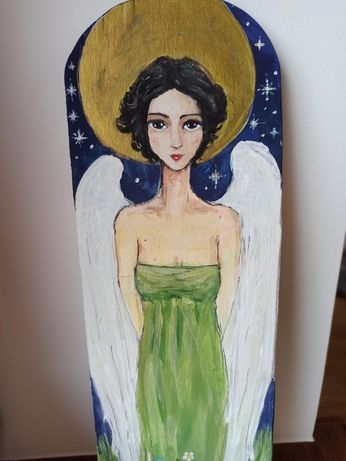 Malowany anioł na desce - opiekun
