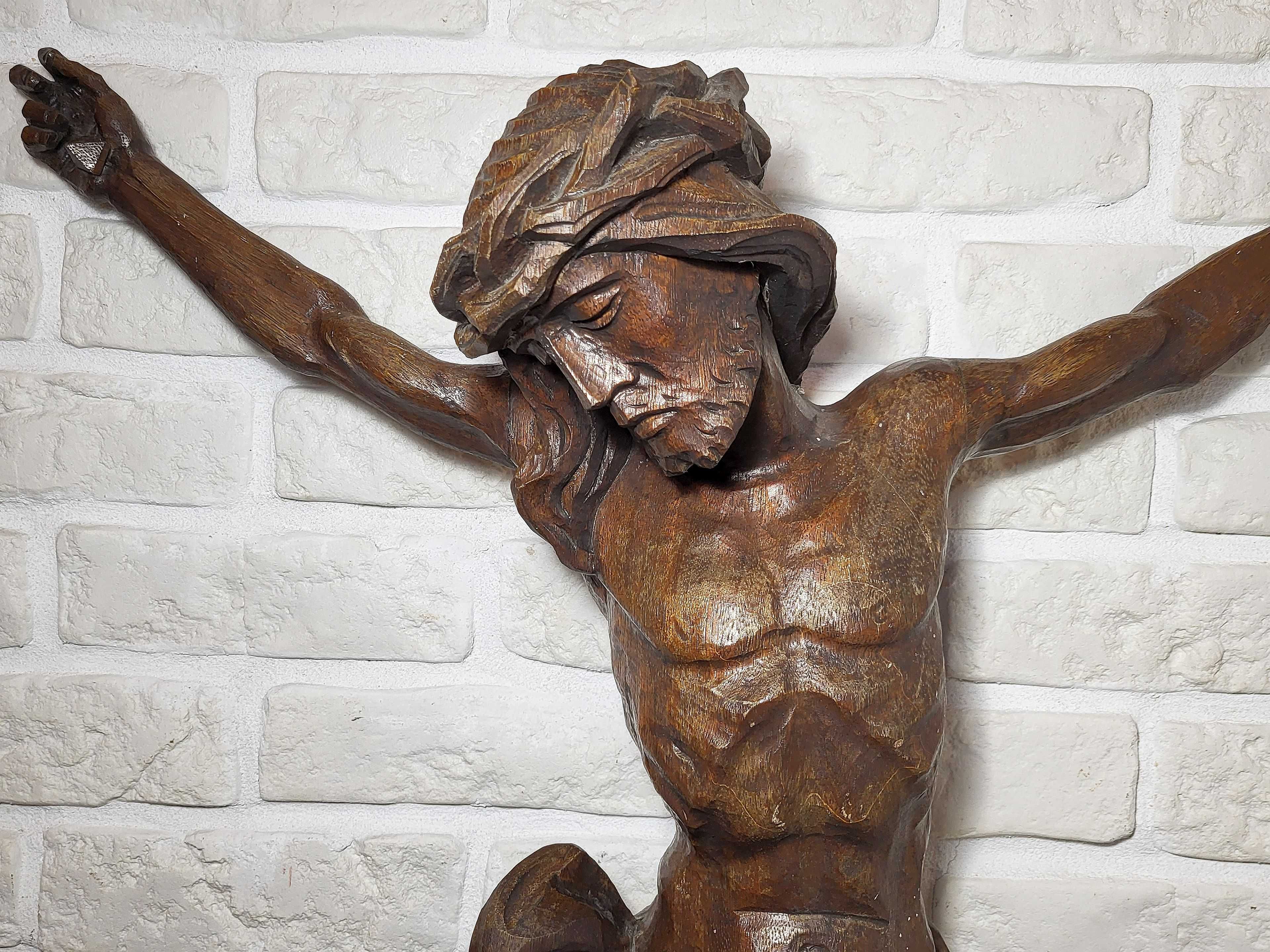 Duży Jezus rzeźba figura drewno krucyfiks 88cm vintage